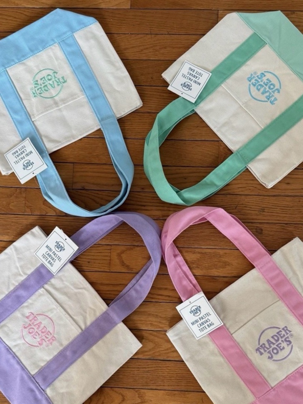 All 4 Trader Joe's Mini Canvas Totes with Tags Pastel Green, Pink, Blue, Purple